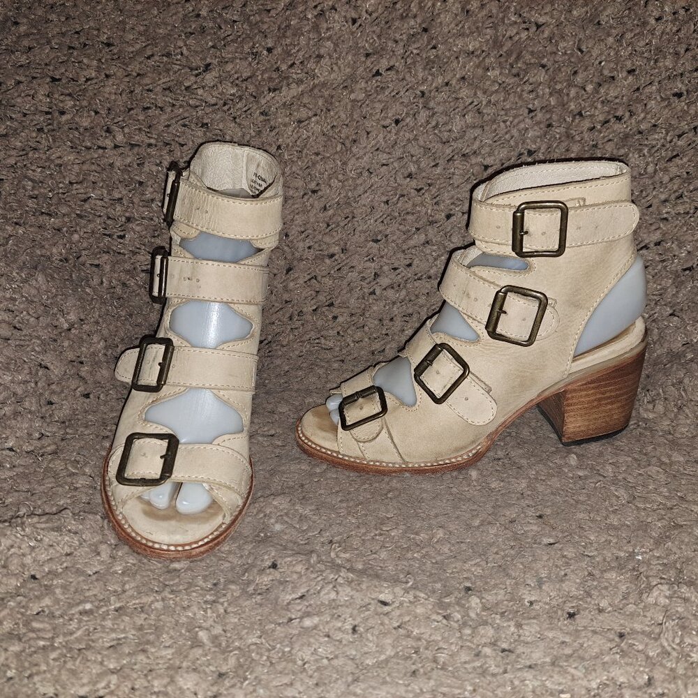 FREEBIRD BY STEVEN-Quail-Beige Leather Sandals Gladiator Wood Heel-Sz6-Excellent